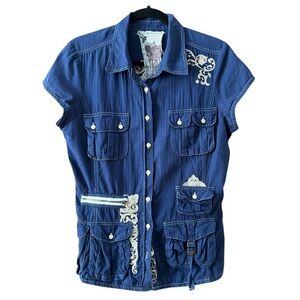 Johnny Was Indigo Blue Short-Sleeve Utility Blouse with Embroidered Accents